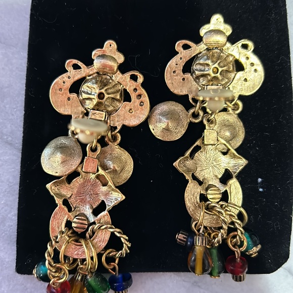 Vintage Designer Antiqued Gold with Jewel Tone Crystals Earrings-Boutique - Picture 8 of 8